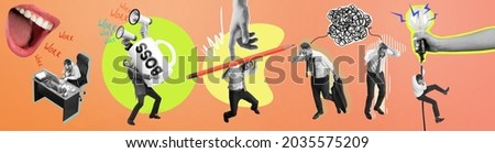 Contemporary art collage. Composition with angry abstract boss mouth shouting employeer, manager isolated over peach color background.. Business, work, caree concept. Horizontal flyer