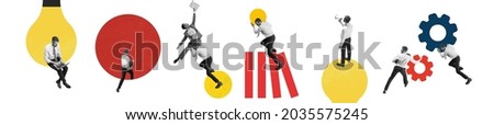Yellow and red. Contemporary art collage made of shots of young man, manager working hardly isolated over white background, Trendy bright colors. Concept of business lifestyle, finance, career
