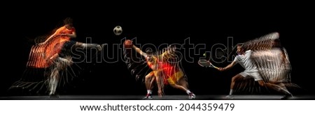 Spectator sports. Collage of images of proffesional soccer football, basketball and tennis player in motion isolated on dark background with stroboscoper effect. Concept of sport, action, motion, team Foto stock © 