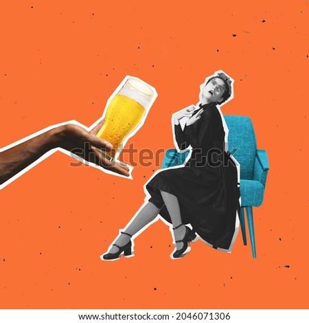 Tempting offer. Contemporary art collage with young sitting on chair alone and drinking beer, wine. Concept of festival, national traditions, taste, drinks and holidays. Surrealism. Copy space for ad