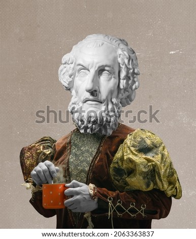 Five o'clock, tea time. Model like medieval royalty person in vintage clothing headed of ancient statue head. Concept of comparison of eras, artwork, renaissance style. Creative collage. Foto stock © 