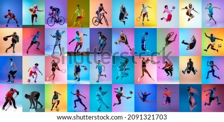 Judo, basketball, football, tennis, cycling, swimming and hockey. Set of images of different professional sportsmen, fit people in action, motion isolated on multicolor background in neon. Collage Foto stock © 