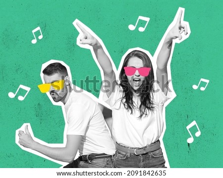 Wow emotions and music. Stylish couple dancing on bright background. Modern design, contemporary art collage. Inspiration, idea, trendy urban magazine style. Negative space to for ad. 商業照片 © 