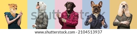 Photo set of men and women with animals head wearing vintage style clothes. Contemporary artwork. Fashion, emotions, ad, sales, surrealism concept. Poster, banner and flyer. Look calm, confident Foto stock © 