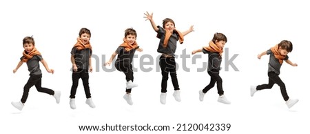 Similar – Image, Stock Photo Little child jumping from a boat with a blue sky background