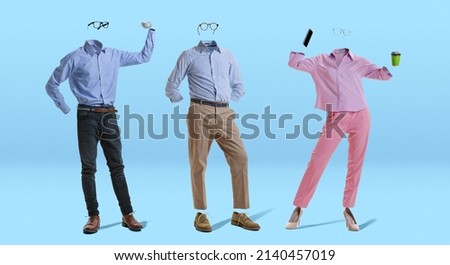 Co-workers. Creative artwork. Three stylish invisible persons wearing modern business style outfits and eyeglasses standing against blue background. Concept of fashion, creativity, art and ad. ストックフォト © 