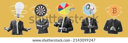 New ideas, thougths and power. Modern design, contemporary art collage. Inspiration, idea, trendy urban magazine style. Men in business suit with different objects instead head. Flyer. Stay motivated Foto stock © 