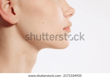 Image, Stock Photo Closeup of female lips with red lipstick reflected in mirror