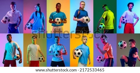 Soccer football, cycling, tennis athletics. Group of professional sportsmen and kids with sport equipment isolated on multicolored background in neon light. Flyer. Advertising, sport life concept Foto stock © 