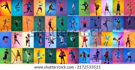 Soccer football, cycling, tennis athletics. Group of professional sportsmen and kids with sport equipment isolated on multicolored background in neon light. Flyer. Advertising, sport life concept Foto stock © 