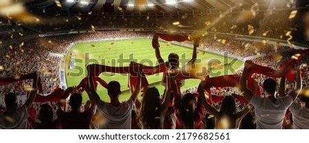 Sport match. Back view of football, soccer fans cheering their team with colorful scarfs at crowded stadium at evening time. Concept of sport, cup, world, team, event, competition 商業照片 © 