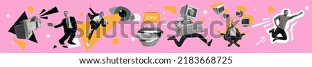 Business process. Contemporary art collage made of shots of young men and women, managers working hardly isolated over pink background, Concept of art, finance, career, co-workers, team. Flyer Foto stock © 