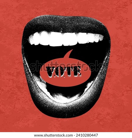 Conceptual design with female open mouth with vote word inside over red background. Voting. Voice of people. Concept of election day, politics, choice, freedom, democracy, human rights.