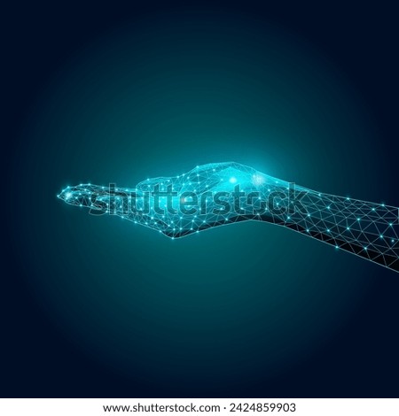 Digital wireframe hand extended against dark blue background. Technology service advertisement showcasing futuristic digital solutions. Modern technologies, innovation, artificial intelligence concept