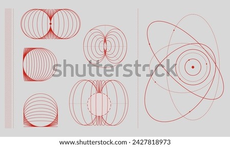 Illustrations of magnetic field lines and orbital paths in red on a white background. Abstract geometric shapes. Modern aesthetics, minimalist art. Vector design for creative cover, poster and ad