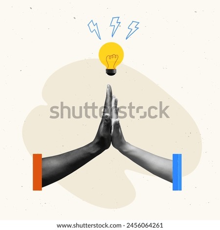 Vector illustration. Contemporary art collage. People holding hand to hand over light bulb. Creating ideas. Concept of business, success, growth, teamwork, career development. Copy space for ad