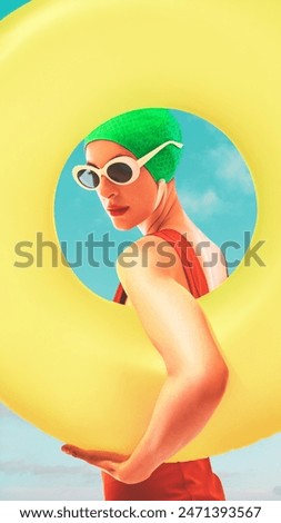 Image, Stock Photo Inspired woman swimming in stony pool in mountain waterfall