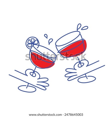 Creative minimal design. Cheers. Overlines glasses with cocktails clinking isolated on white background. Concept of drink, party, celebration, alcohol. Line art. Vector illustration.