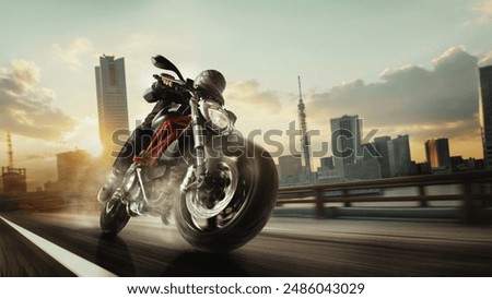 Similar – Image, Stock Photo An exciting bike race through the city. The cyclists almost fly by. A few spectators watch this from a house entrance.