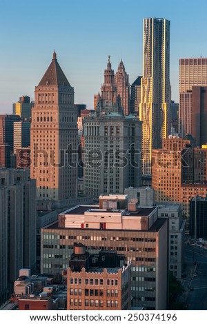USA, NEW YORK CITY - April 27, 2012: New York City Manhattan skyline aerial view with street and skyscrapers