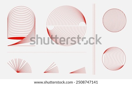 Series of red geometric shapes, including curved lines, circles, and rays, arranged in a grid-like pattern. Science. Modern aesthetics, minimalist art. Vector design for creative cover, poster and ad