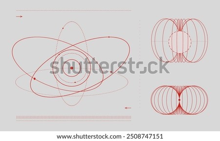 Atomic model with electrons orbiting the nucleus in elliptical paths, accompanied by visual representations of magnetic fields. Science. Modern aesthetics, minimalist art. Vector design, poster