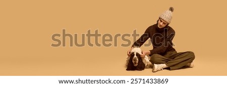 Similar – Image, Stock Photo Young guy and purebred dog embracing each other on street