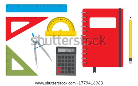 
A set of school things, items for drawing. A set of rulers, notebook, pencil, calculator, compasses. Education theme. Flat vector illustration.