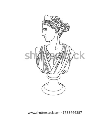 Linear drawing of the sculpture of the goddess Diana. Ancient Roman mythological person. Vector stock illustration on isolated background. Fashion print and art logo symbol.