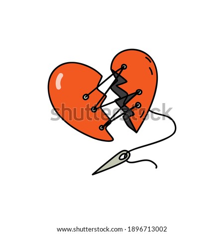 Two red halves of a broken heart are sewn together. Needle with thread. Love repair, healing. Sad emotion. Colored doodle style. Vector illustration on isolated white background. Valentine's day conce
