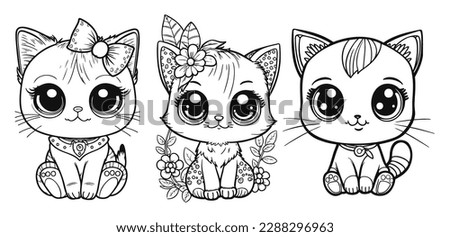 Set of cartoon cat or kitten. Baby animals in line drawing. Vector illustration isolated on white background. For printable children's and adults coloring page or book, kids toddler activity.