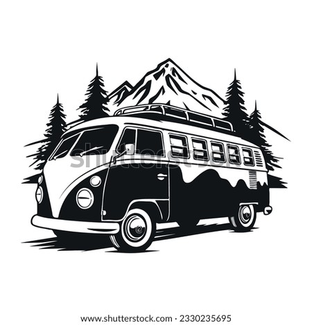 Camping car - retro van on mountains background. Camping adventure concept. RV Camper Home. Simple black silhouette graphic. Cartoon style. Vector illustration on white isolated background.