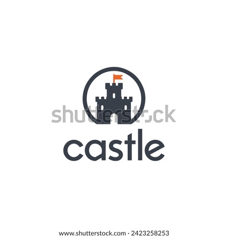 Modern Castle Logo Design With Flag and Text on a White Background