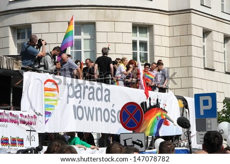 WARSAW, POLAND - JUNE 15: Unidentified people take part in Pride Parade to support gay rights, on June 15, 2013 in Warsaw, Poland. Pride Parade is an event dedicated to LGBT pride.