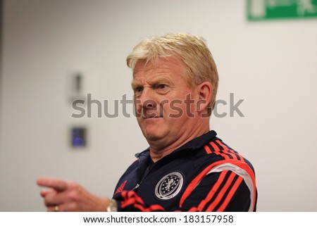 WARSAW, POLAND - MARCH 4: Gordon Strachan, manager of the Scotland national football team attends a press conference before friendly match of Poland vs. Scotland on March 5, 2014 in Warsaw, Poland.
