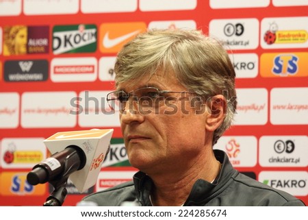 WARSAW, POLAND - OCTOBER 13, 2014: Adam Nawalka, head coach of the Polish national football team attends a press conference before the UEFA EURO 2016 qualifying match of Poland vs. Scotland