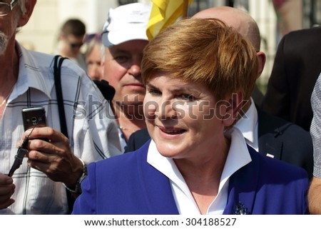 WARSAW, POLAND - AUGUST 06, 2015: Beata Szydlo (Law and Justice party) - candidate for Prime Minister at the general election due in the autumn of 2015 during a meeting with voters.