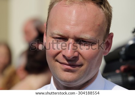 WARSAW, POLAND - AUGUST 06, 2015: Marcin Mastalerek, former spokesman Law and Justice party during a meeting with voters.