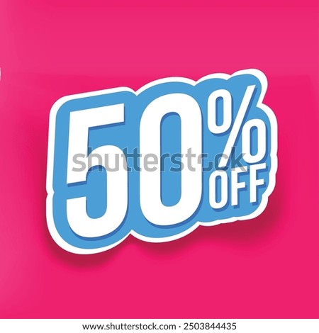 Bold Font Label With Text 50 Percent Off pink background light blue text 50% OFF sticker label with shadow for discount offers sales promotions and marketing offering discounts