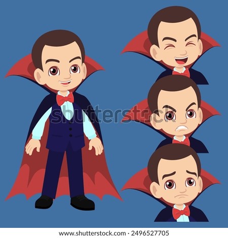 A cute little boy wearing vampire Dracula costume celebrate Halloween party with set of facial expression