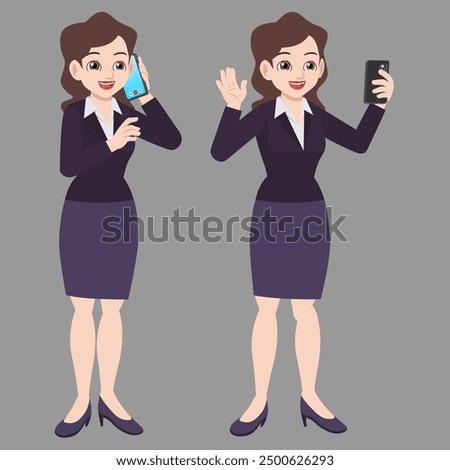 Beautiful woman in business suit holding the smartphone and talking to mobile phone 