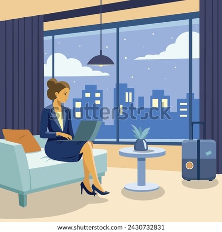 Young businesswoman working on laptop in hotel room and looking at night city through window. Woman sitting on couch.  Booking hotel reservation concept vector flat illustration.