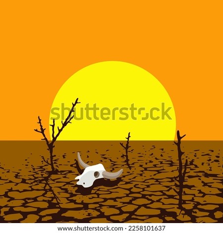 vector illustration of dry trees and animal skull in dry desert land. soil damage from drought. warming of dry land illustration 