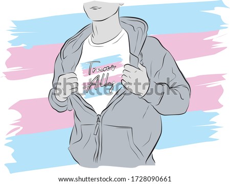 Transgender Ally Shirt Opening Like Superhero with Transgender Flag Behind