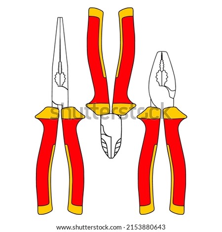 A set of hand tools. Pliers, pliers, and a side cutter. Flat line style design. An illustration isolated on a white background. Tools - pliers, pliers, side cutters Imagine de stoc © 
