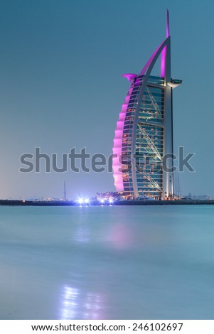 DUBAI, UNITED ARAB EMIRATES - MAY 3: Burj Al Arab (Tower of the Arabs), a luxury 5 Star hotel located in Dubai, United Arab Emirates on May 3, 2012. It is called \