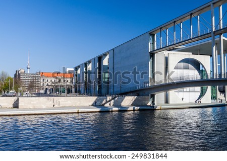 BERLIN, GERMANY - APRIL 11: Exterior of german government buildings in the government district in Berlin on April 11, 2009. The government district is the area around the Reichstag building.