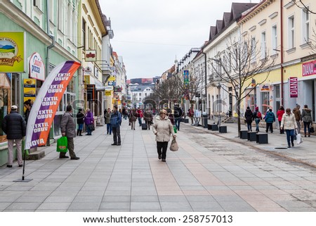ZILINA, SLOVAKIA - FEBRUARY 27: Pedestrian zone in the city centre of Zilina on February 27, 2015. Zilina is a city in north Slovakia, around 200 kilometres (120 mi) from the capital Bratislava.