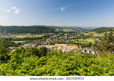 View to the Water Castle, an area where tree big swiss rivers come together near Brugg, Aargau, Switzerland