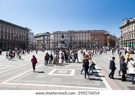 MILANO, ITALY - APRIL 16: View to the square in front of the Milan Cathedral on April 16, 2014. Milan is the second-most populous city in Italy and the capital of Lombardy.